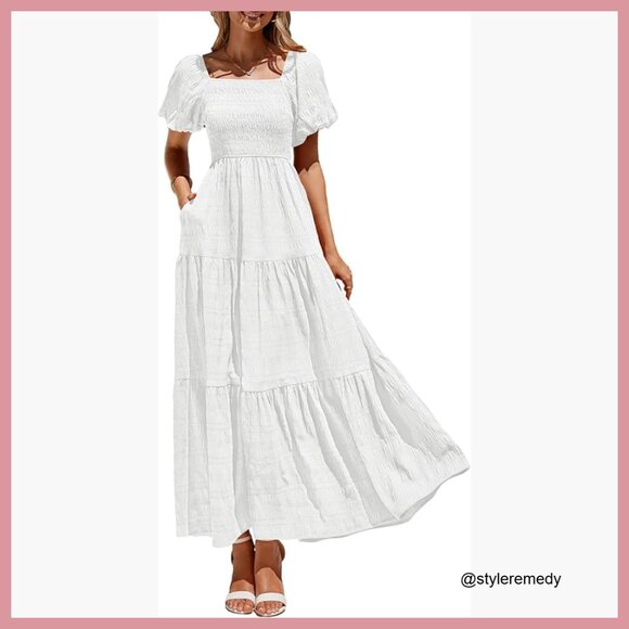 Puff Short Sleeve Maxi Dress Square Neck Smocked Tiered Ruffle A Line